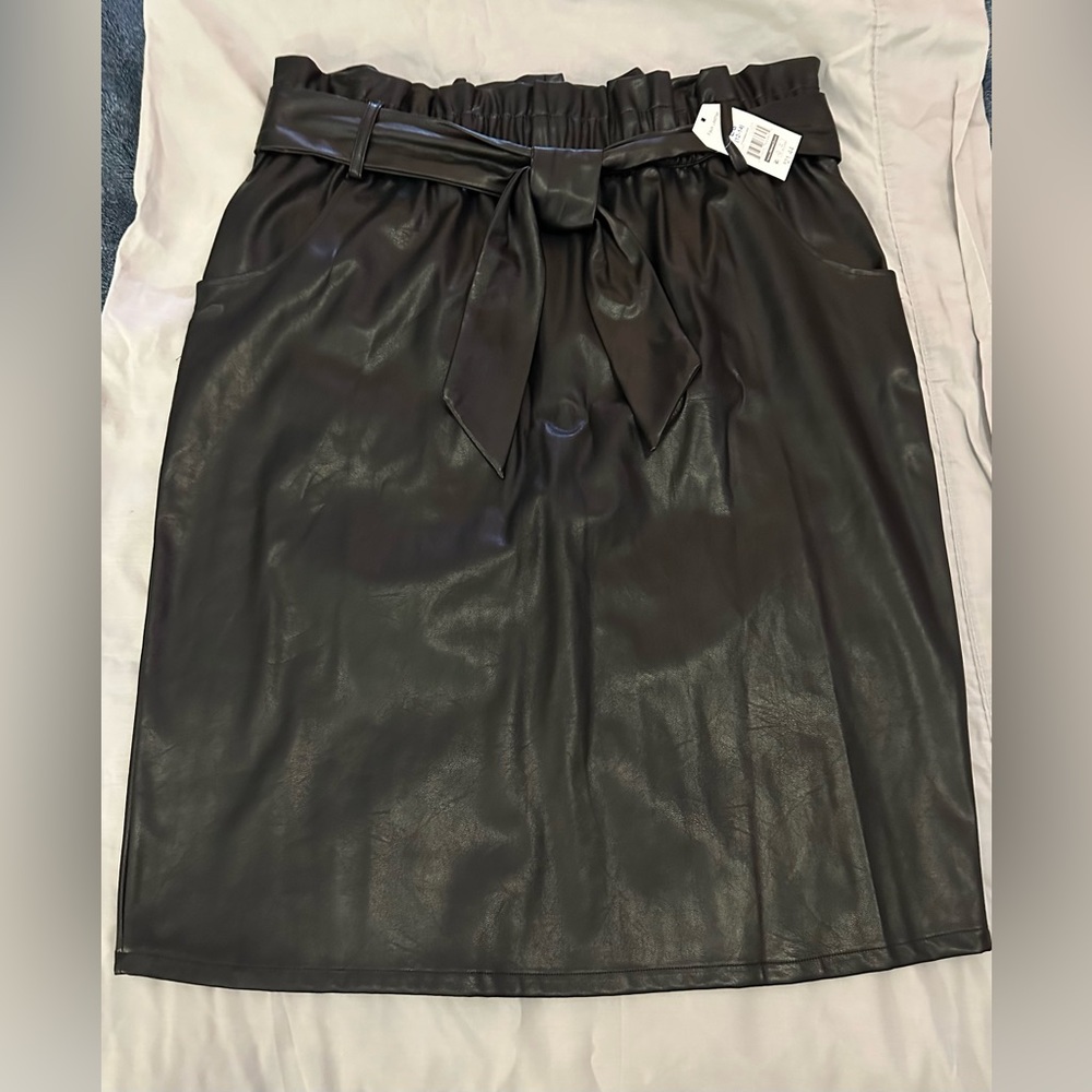 Faux leather black skirt knee length with bow tie belt